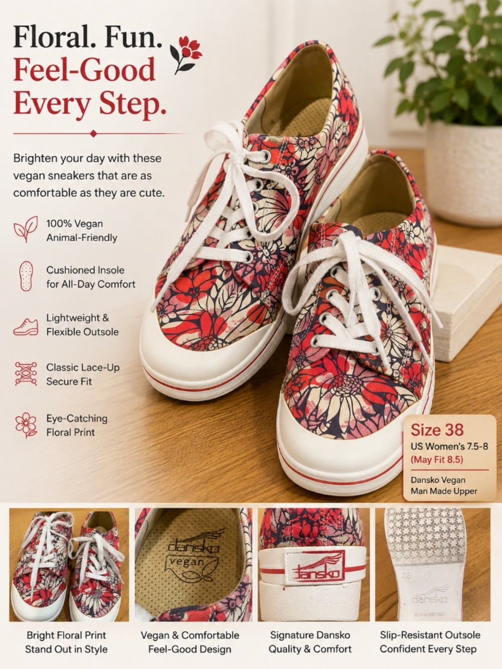 Dansko Vegan Floral Platform Sneakers Size 38 (US 7.5–8) Red Floral Lace-Up Comf